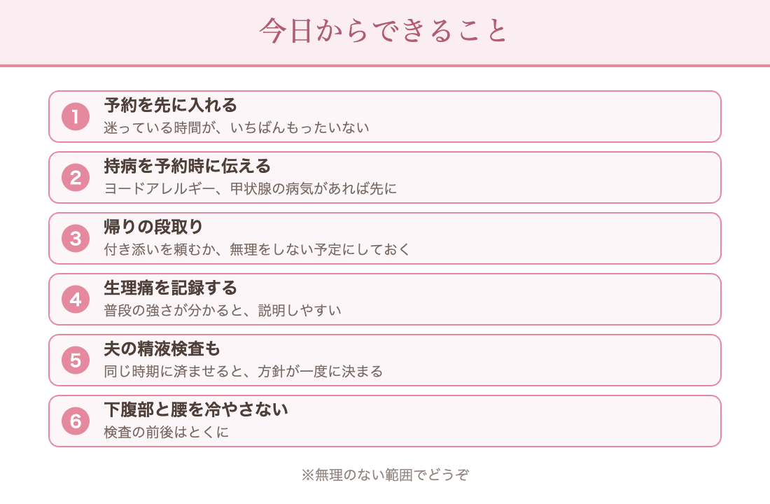 今日からできること:予約を先に入れる/アレルギーや持病を予約時に伝える/帰りに無理をしない段取り/生理痛の強さを記録/夫の精液検査も同じ時期に/下腹部と腰を冷やさない