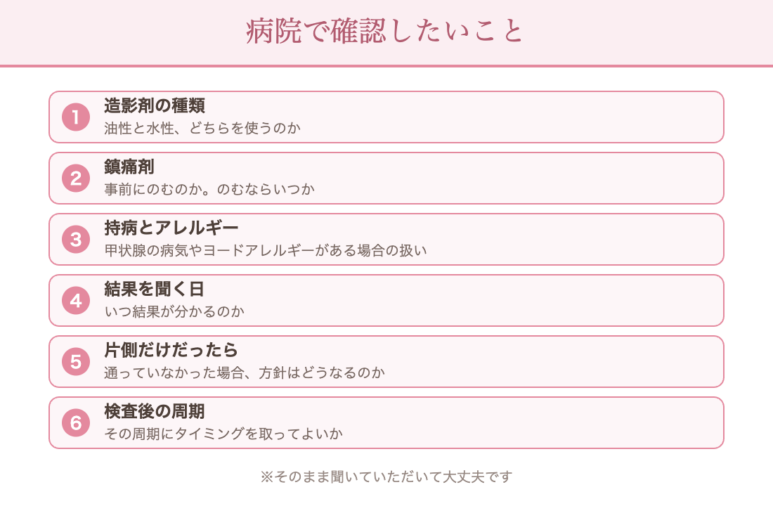 病院で確認したいこと:造影剤は油性か水性か/鎮痛剤はいつのむか/甲状腺やアレルギーの扱い/結果はいつ聞けるか/片側だけ通っていなかった場合/検査後にタイミングを取ってよいか