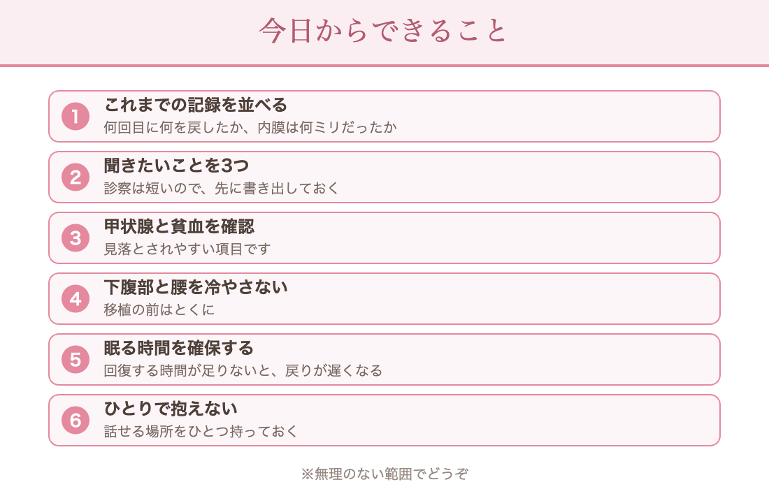 今日からできること：これまでの移植の記録を並べる／聞きたいことを3つ書き出す／甲状腺と貧血の数値を確認／下腹部と腰を冷やさない／眠る時間を確保／ひとりで抱えない